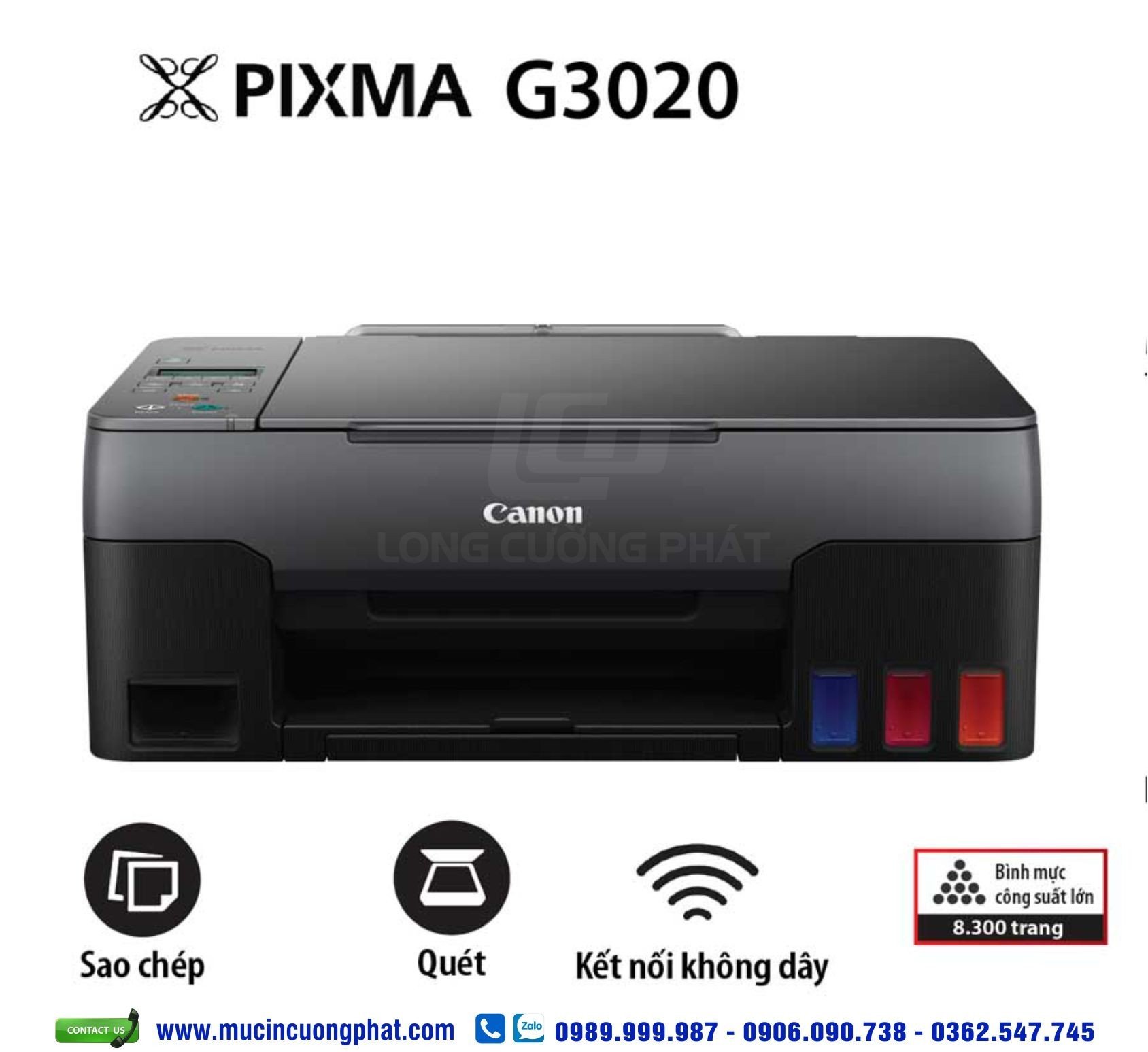 Máy in màu đa chức năng Canon Pixma G3020 wifi, in scan, copy
